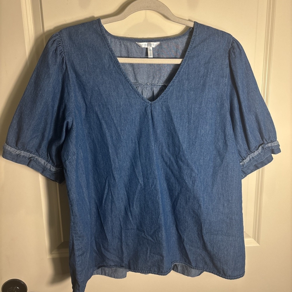 Draper James Top Size XL 100% Cotton Chambray Denim Balloon Sleeve Shirt Coastal